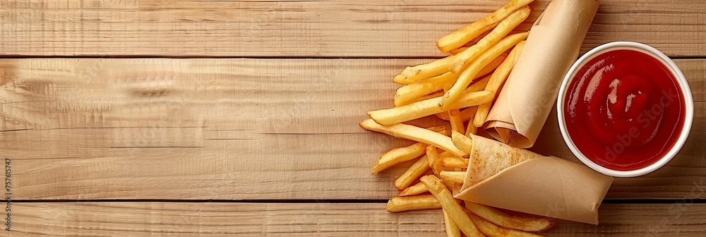 Top view of traditional sandwiches and french fries on wooden table with space for text Top view of traditional sandwiches and french fries on wooden table with space for text