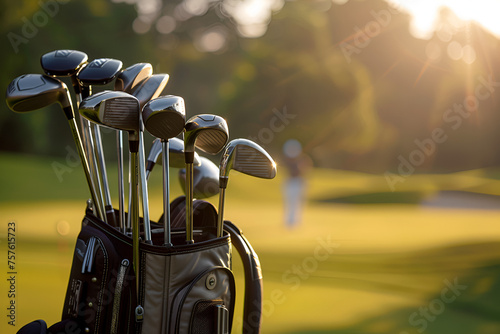 Close Up Of Clubs In Bag On Golf Buggy, golf, Close up of bag with golf clubs, Generative Ai photo