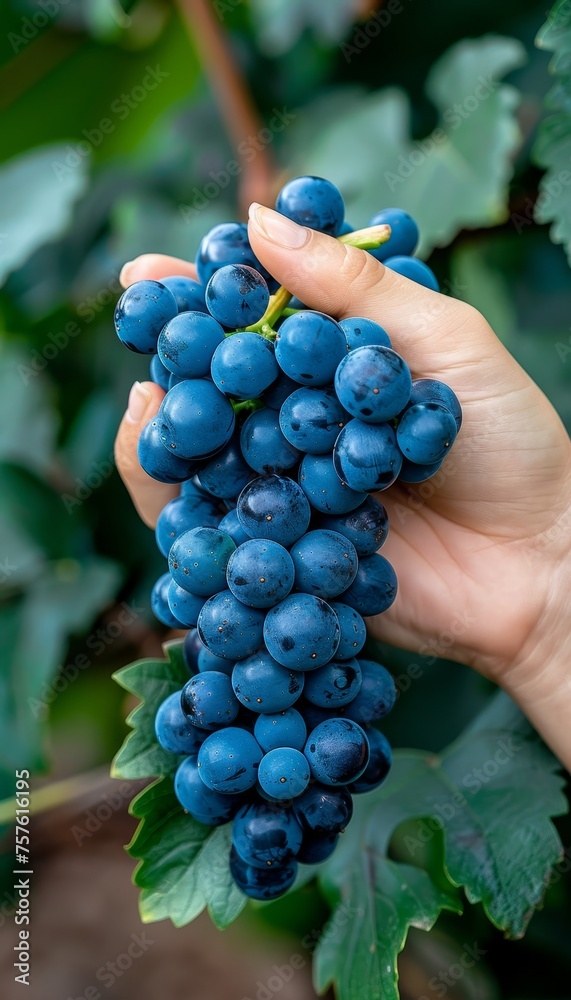 Hand holding fresh grapes, selective grape harvest with blurred background, space for text