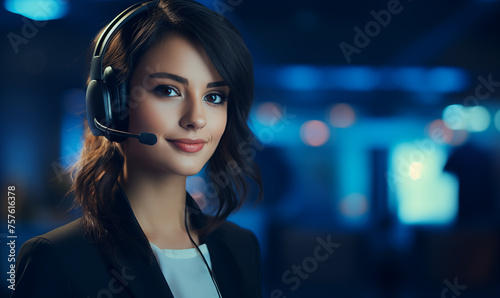 Mujer joven, sonriente y feliz, trabajando en telemarketing, usando audífonos y micrófono en una oficina moderna. Servicio al cliente.  photo