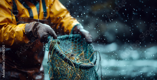 Close-up of fisherman securing nets on a rainy day at sea