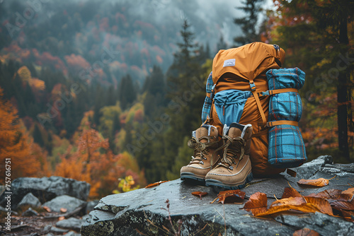 Hiking Backpack, Boots, Gear Equipment for Adventures, Copy Space Concept Generative AI