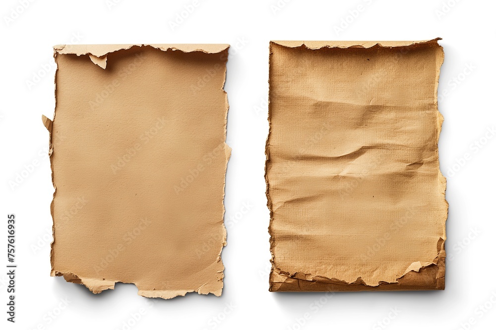 Fototapeta premium Two rugged brown paper cutouts with torn edges isolated, on white, creating an empty space in the center.