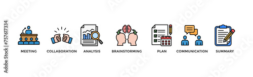 Brief banner web icon vector illustration concept for a briefing of business plan with an icon of meeting, collaboration, analysis, brainstorming, plan, communication, and summary	