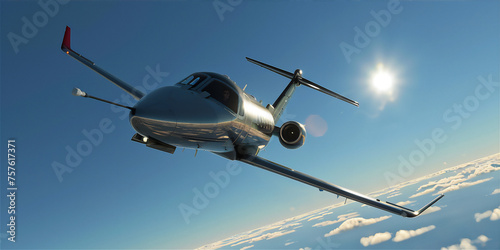 luxury golden private jet plane flying in blue sky with sun 