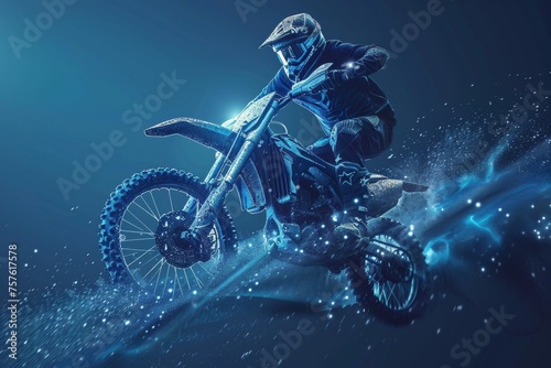 jumping motocross racer on blue abstract background Generative AI © València