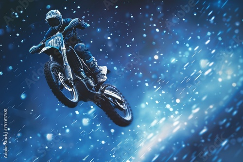 jumping motocross racer on blue abstract background Generative AI