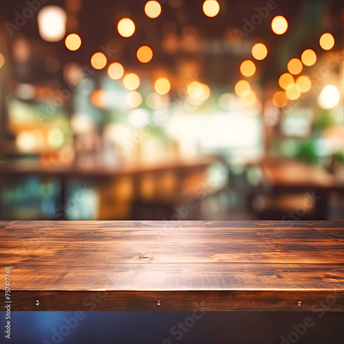 Wooden Table in Restaurant With Blurry Background