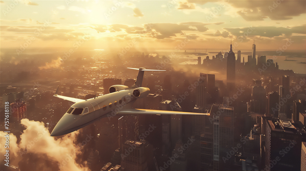 luxury private jet plane flying above the foggy city at sunset