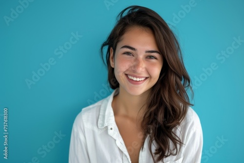 young woman on blue background Generative AI