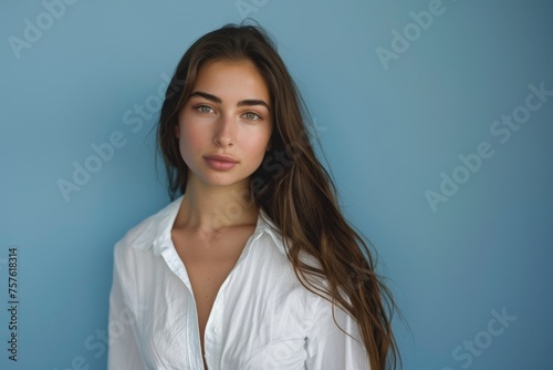 young woman on blue background Generative AI