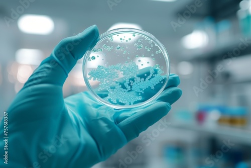 A gloved hand holds a petri dish with a bacterial culture. An agar plate full of microbacteria and microorganisms