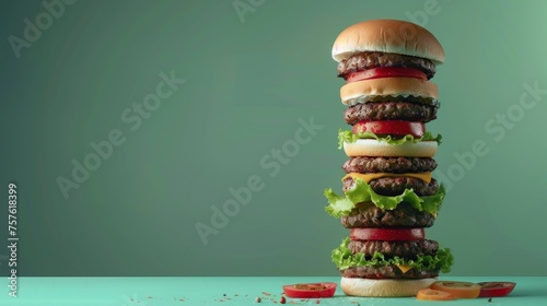 A very tall hamburger, over a green background, copy space - generative ai