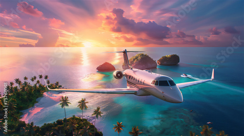luxury private jet plane flying above the tropical island at sunset