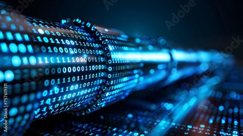 a digital pipeline shaped by vibrant blue matrix binary code. 
