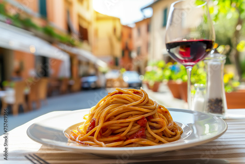 Spaghetti on a plate with red wine  with a cozy Italian town in the background