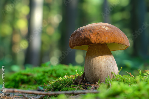 Wild bolete or porcini mushroom growing outdoors in the forest on a sunny day.