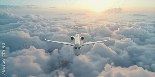 luxury private jet plane flying above sea of clouds at sunset photo