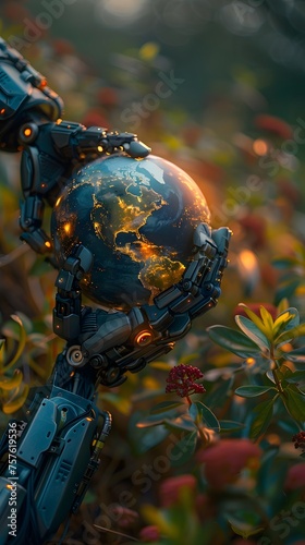 robot Hands Embrace Beautiful Earth