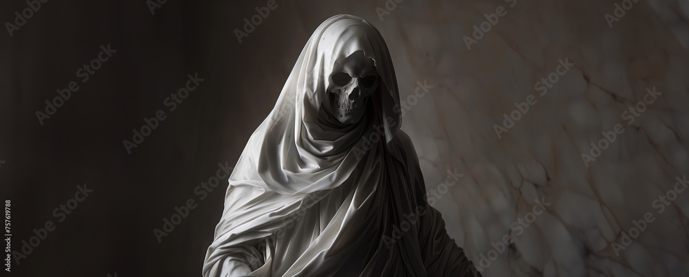 marble statue of the grim reaper in a church with copy space - obrazy, fototapety, plakaty 