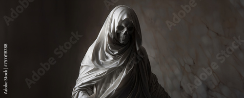 marble statue of the grim reaper in a church with copy space