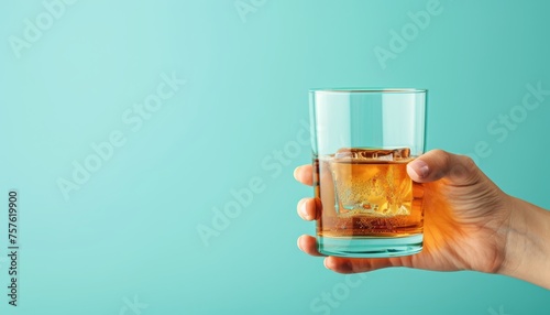 Side view of hand holding whisky glass on light pastel background with space for text © Ilja