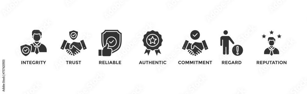 Obraz premium Credibility banner web icon vector illustration concept with icon of integrity, trust, reliable, authentic, commitment, regard, and reputation 