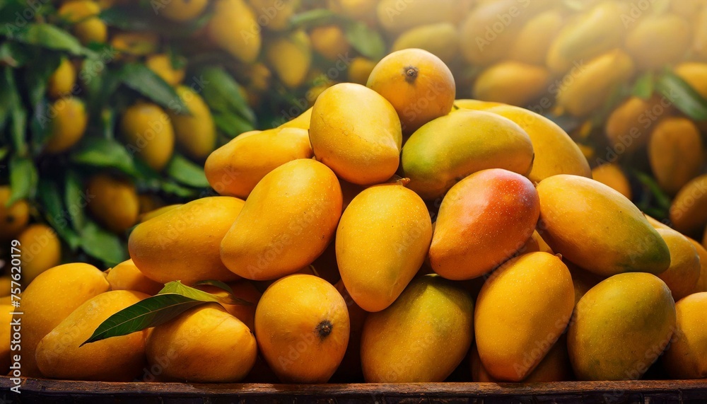 fruits and vegetables, a pile of mangoes sitting on top of a wooden table,