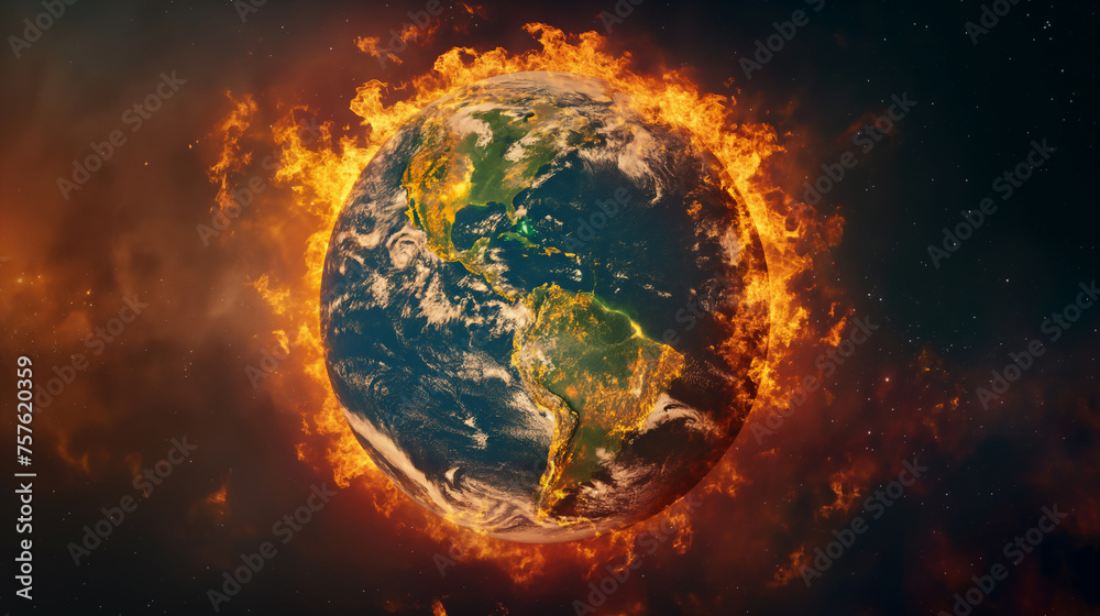 The Earth is engulfed in flames against a fiery background, symbolizing extreme heat and environmental danger.