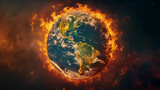 The Earth is engulfed in flames against a fiery background, symbolizing extreme heat and environmental danger.