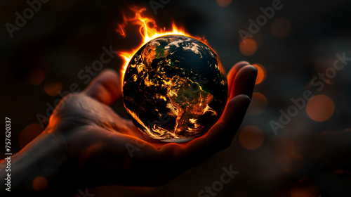 A hand holds a burning globe against a dark background, suggesting urgency and crisis.