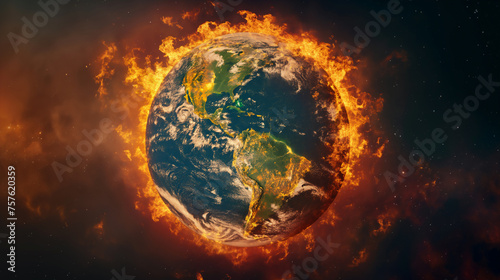 The Earth is engulfed in flames against a fiery background, symbolizing extreme heat and environmental danger.