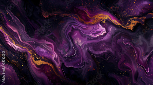 Luxury abstract fluid art painting in alcohol ink technique. Glowing golden veins. Beautiful purple swirl pattern. Background for banner, postcard, design