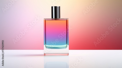 Transparent rainbow glass perfume bottle mockup on pedestal with minimalist background. Eau de toilette. Mockup, spring flat lay.