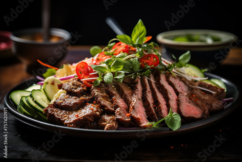 A plate of meat with vegetables and a sauce