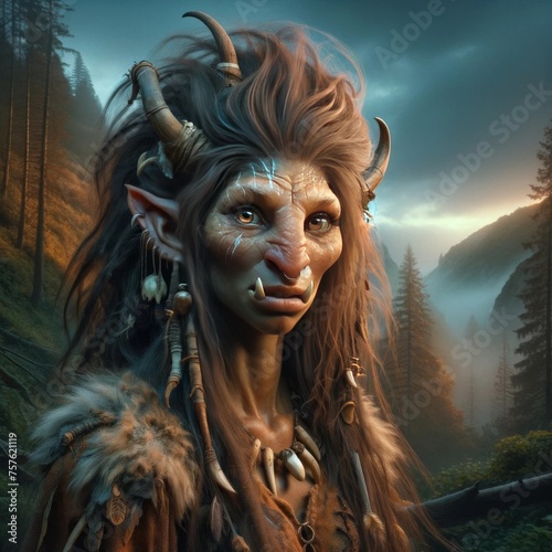 A mystical troll woman in an enigmatic forest photo