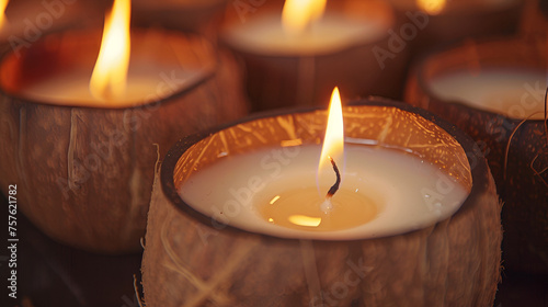 several coconut colored and shaped the candles burning on a brown background, Generative Ai 