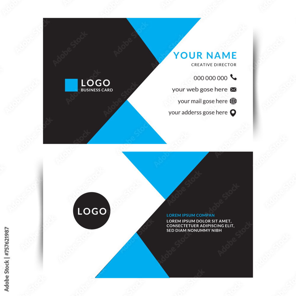 Double-sided creative business card template.Portrait and landscape orientation.Horizontal and vertical layout.Personal visiting card with company logo.bule,black and white color theme.black color tex