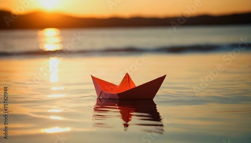 a toy paper boat in the water during sunset childhood memories wallpaper 4k created with generative ai © Chaudhry