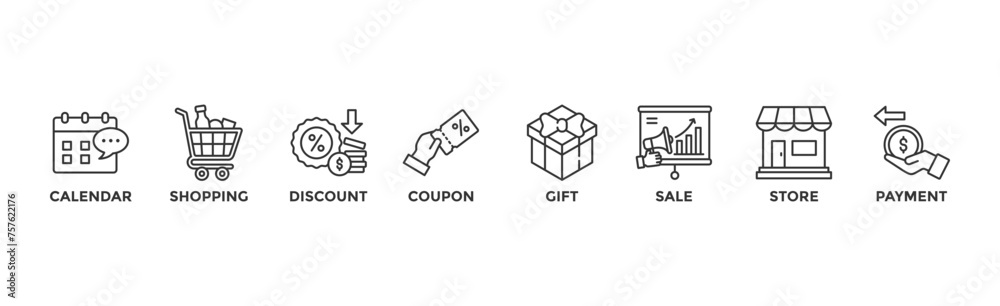 Black friday banner web icon vector illustration concept with icon of calendar, shopping, discount, coupon, gift, sale, store, payment Black friday banner web icon vector illustration concept with icon of calendar, shopping, discount, coupon, gift, sale, store, payment