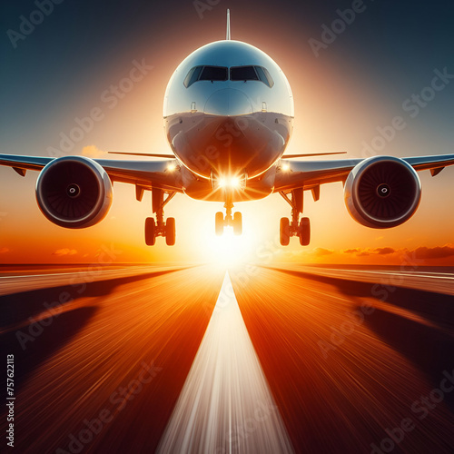Big Nose of Large White Commercial Sitting Passenger Airplane Jet Flying Backs Towards the Camera with Colorful Lighting Sun Sunset Behind the Plane on Beautiful Summer Day Flyby at Airfield Airport