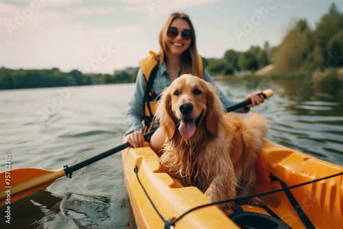 Young woman paddles a kayak with her pet dog on the lake. Summer activities and water sports. Selective focus. © elinorka