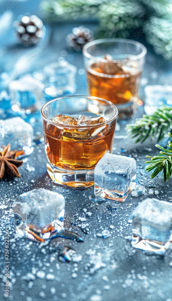 Whiskey glass with ice cubes on plain background, offering ample space for text placement Whiskey glass with ice cubes on plain background, offering ample space for text placement