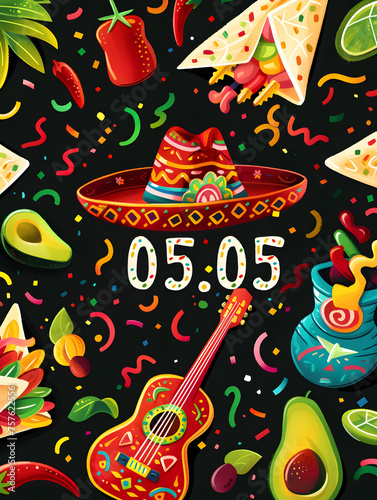 A colorful and festive depiction of Cinco de Mayo, featuring cultural symbols such as a sombrero, guitar, and avocado along with decorations. The celebration date 05.05 is prominently displayed © Jorgarsan