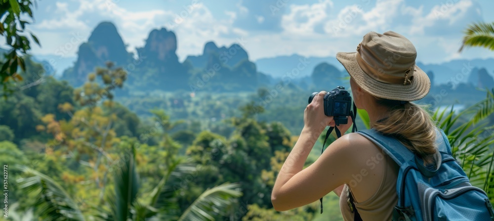 Female hiker exploring mountain landscape for outdoor adventure with motivation and copy space