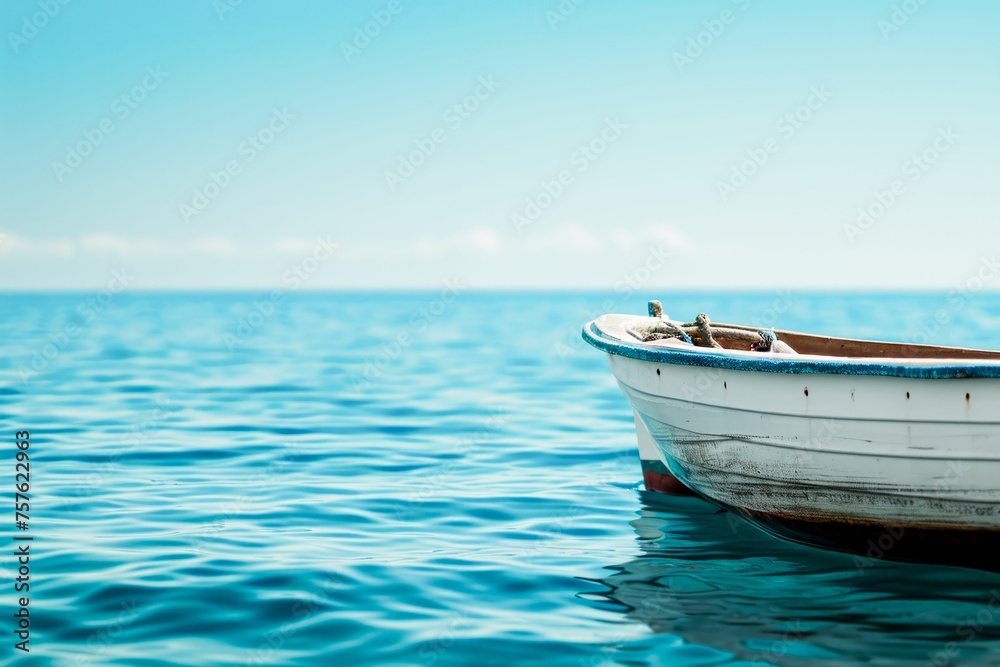 A single white boat floats on the calm blue sea under a clear sky, conveying peaceful solitude.copy space A single white boat floats on the calm blue sea under a clear sky, conveying peaceful solitude.copy space