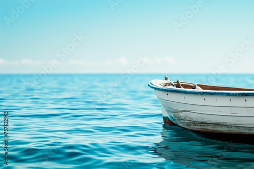 A single white boat floats on the calm blue sea under a clear sky, conveying peaceful solitude.copy space © Margo_Alexa