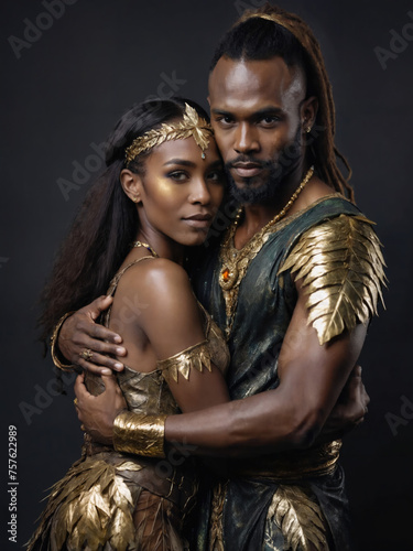 Ai generated fantasy African couple with the man and the woman wearing golden leaves 