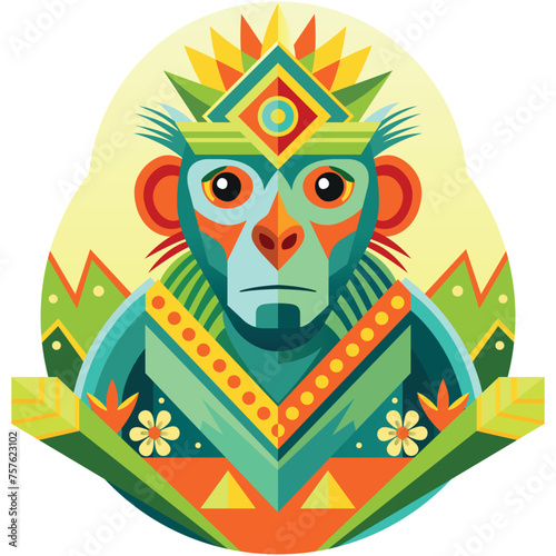 Front view of African mask shaped like a chimpanzee head in geometric style with warm colors