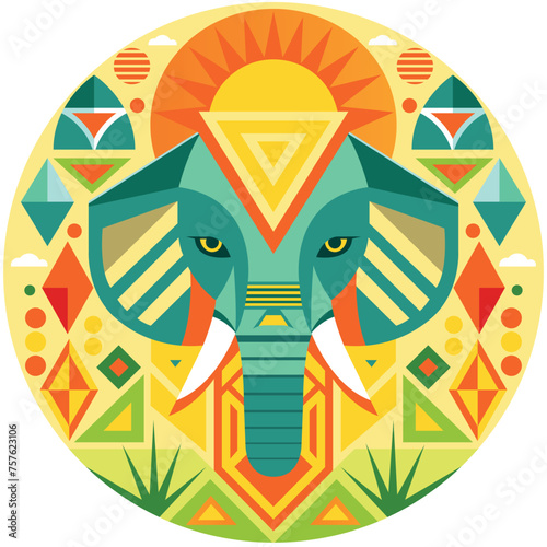 Front view of African mask shaped like an elephant head in geometric style with warm colors